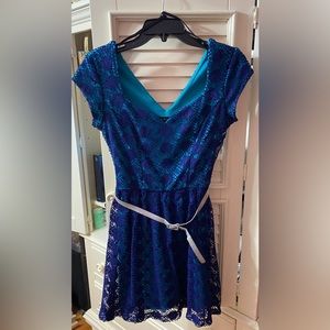 Two tone blue dress with silver belt
